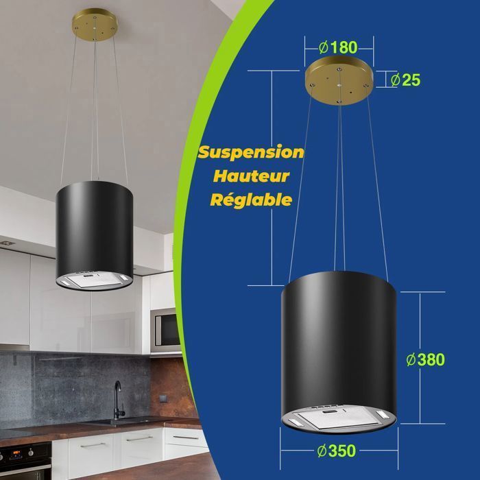 Hotte îlot Centrale 700 m ³/ h 35 cm - Hotte Aspirante 3 Vitesses - Hotte Suspendue Recyclage -Noir-Classe énergétique A+ – Image 6