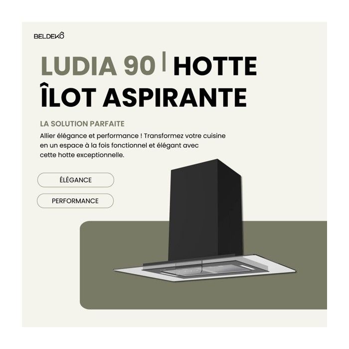 BELDEKO - Hotte îlot aspirante 90 cm NOIR - Minuteur - Débit 556 m3/h - 3 vitesses - LUDIA 90 BK – Image 3