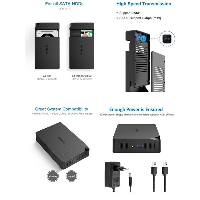 Boîtier de Disque Dur INATECK USB 3.0 pour HDD et SSD SATA de 2.5"/3.5", Support UASP, Adaptateur 12V/2A Inclus – Image 2