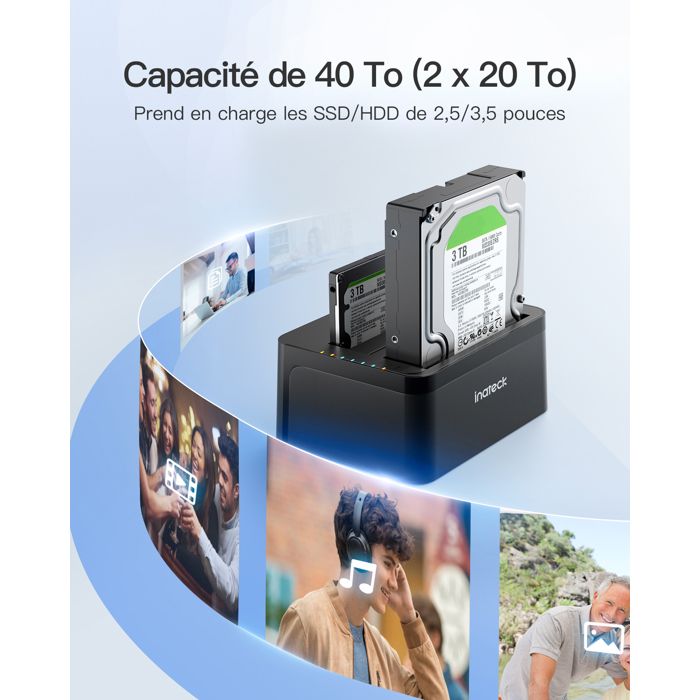 Inateck Dock Disque durs USB 3.0 pour SATA de 2,5/3,5" SSD/HDD, Compatible UASP, Clonage hors ligne, 2 Baies Station d'accueil – Image 2