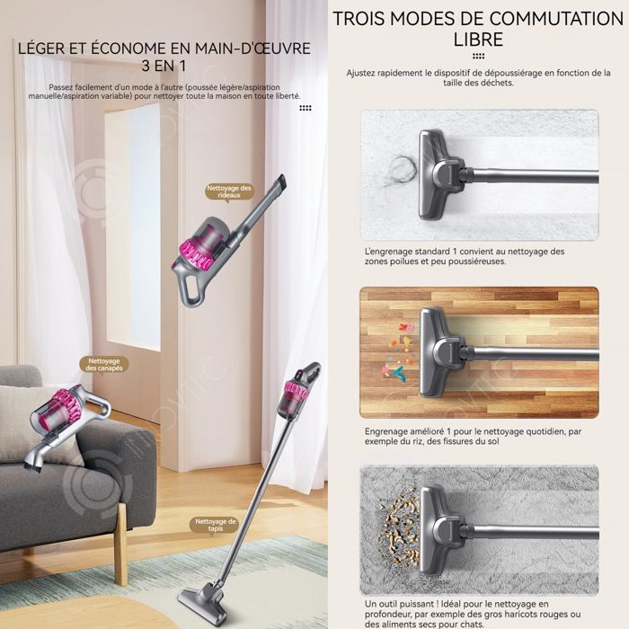 INN Aspirateur 3 en 1 100W aspirateur balai sans fil mode avec 3 vitesses aspirateur avec LCD écran pour sol tapis poils d'animaux – Image 3