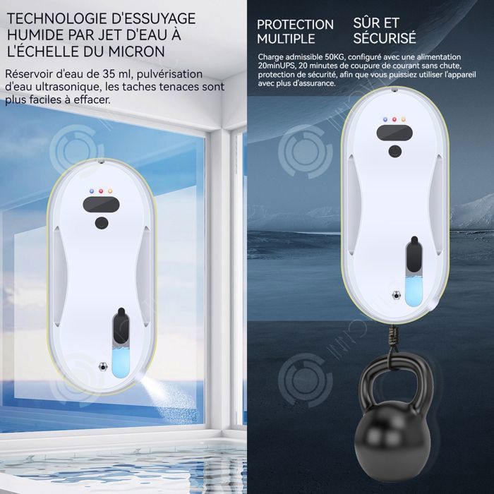 INN Robot laveur de vitre 5600pa 40 ml réservoir d'eau robot nettoyeur de vitre avec télécommande et 10 chiffons et corde de – Image 3
