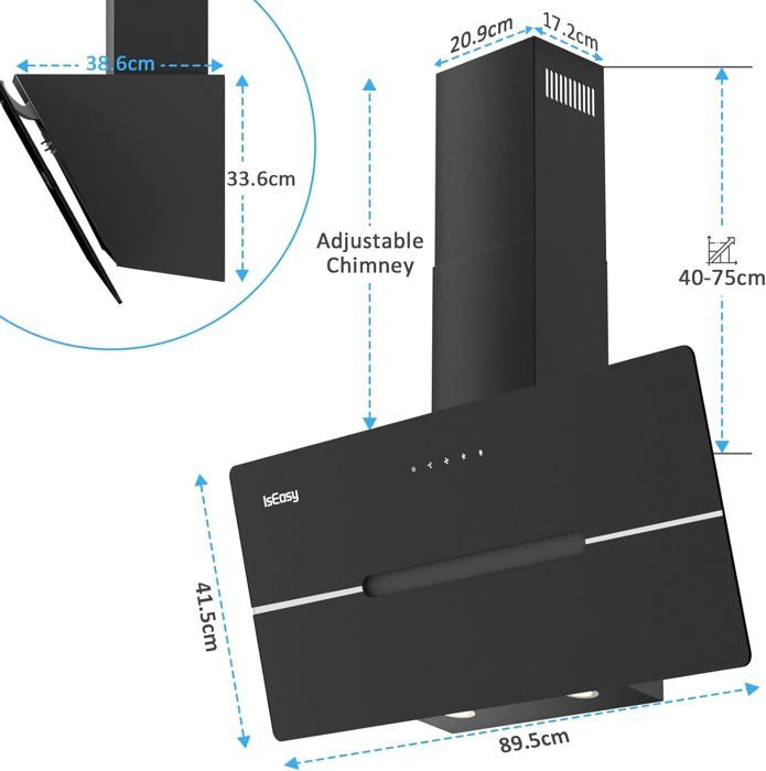IsEasy Hotte Aspirante 90cm, Hotte de Cuisine Inclinées Noir, Classe A++, Evacuation ou Recyclage, 2 Filtres à Charbon – Image 2