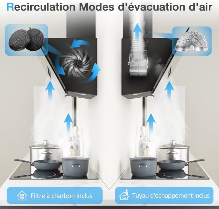 IsEasy Hotte Aspirante 90cm, Hotte de Cuisine Inclinées Noir, Classe A++, Evacuation ou Recyclage, 2 Filtres à Charbon – Image 3