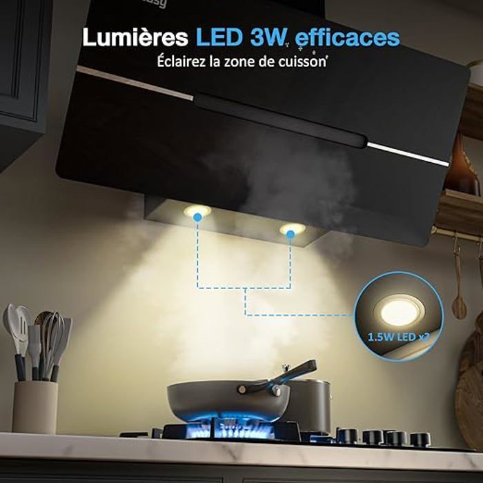 IsEasy Hotte Aspirante 90cm, Hotte de Cuisine Inclinées Noir, Classe A++, Evacuation ou Recyclage, 2 Filtres à Charbon – Image 4