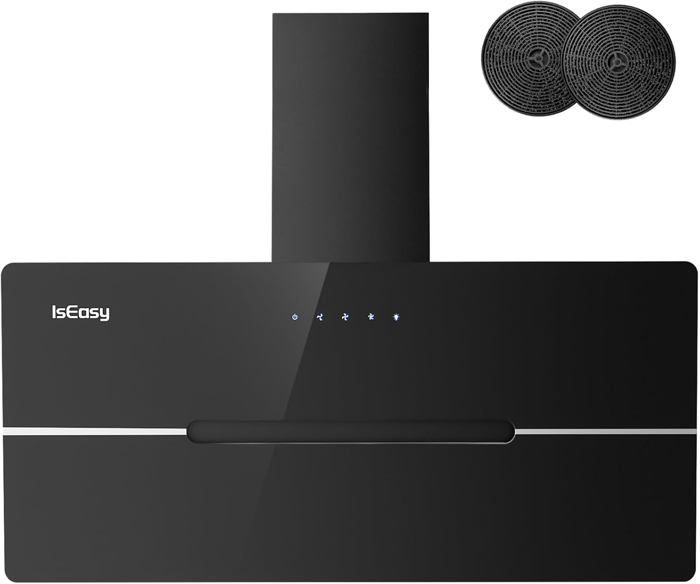 IsEasy Hotte Aspirante 90cm, Hotte de Cuisine Inclinées Noir, Classe A++, Evacuation ou Recyclage, 2 Filtres à Charbon