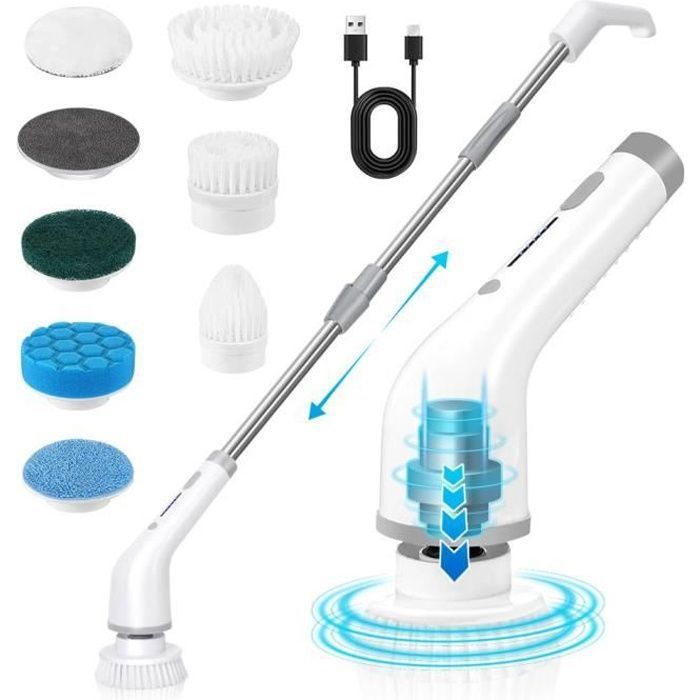 JINZDASU Brosse Nettoyage Electrique, Brosse Rotative Nettoyage Sans Fil, 8 Têtes de Brosse,Rechargeable USB,Étanc BALAI ELECTRIQUE