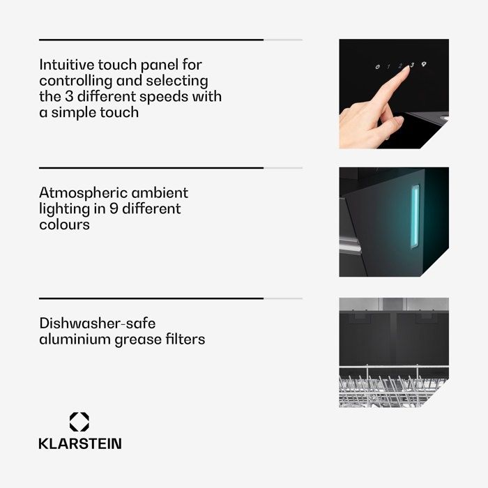 Klarstein Alina Hotte aspirante 80 cm 600 m³/h Évacuation ou Recyclage CEE A Silencieuse Noir – Image 6