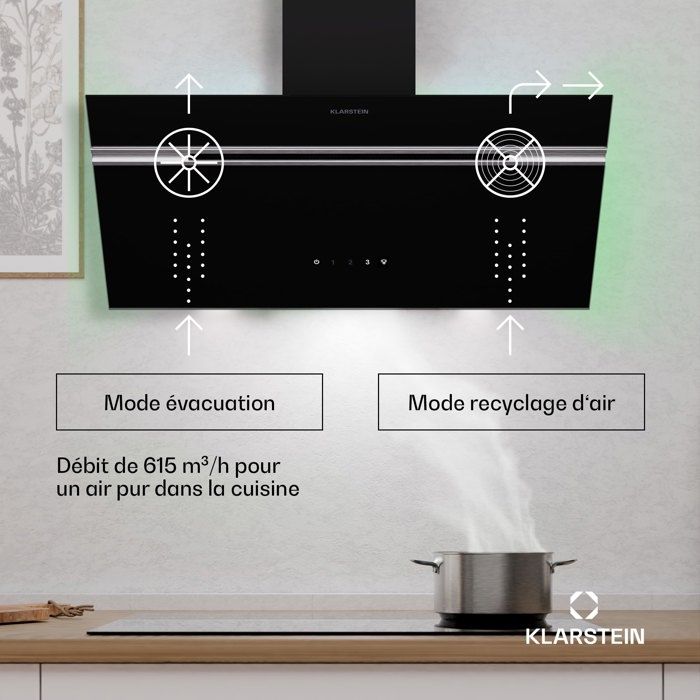 Klarstein Alina Hotte aspirante 80 cm 600 m³/h Évacuation ou Recyclage CEE A Silencieuse Noir – Image 2