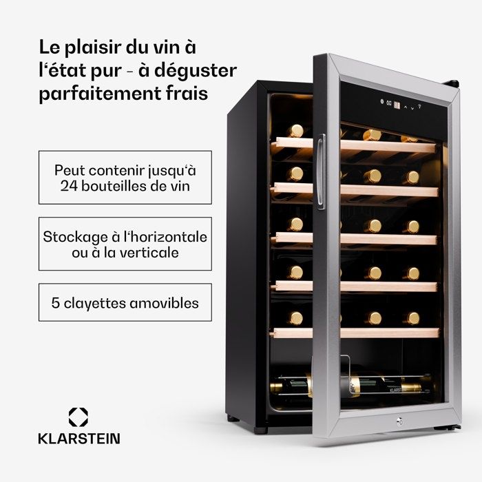 Cave à Vin Klarstein 63L - Porte en Verre - Zone Unique - Vieillissement 24 Bouteilles - Argent – Image 2