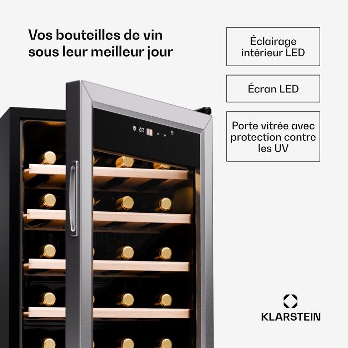 Cave à Vin Klarstein 63L - Porte en Verre - Zone Unique - Vieillissement 24 Bouteilles - Argent – Image 4