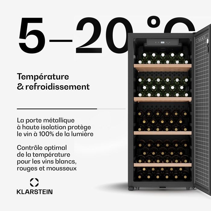 Klarstein CellarMax Cave à vin 114 bouteilles 238 L - Plage de température 5 - 20 °C - Clayettes en bois - Noir – Image 4