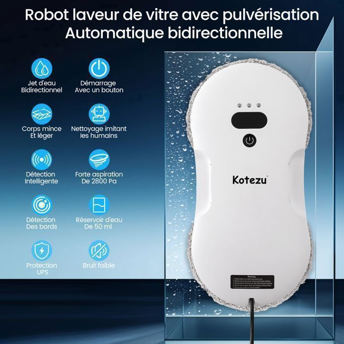 Robot Nettoyeur Laveur de Vitre Automatique, 2800PA*2, Navigation Intelligente, Télécommandé, pour Les Surfaces Lisses, 14 Chiffons – Image 2