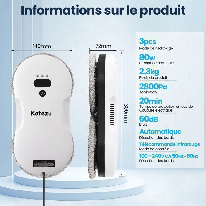 Robot Nettoyeur Laveur de Vitre Automatique, 2800PA*2, Navigation Intelligente, Télécommandé, pour Les Surfaces Lisses, 14 Chiffons – Image 5