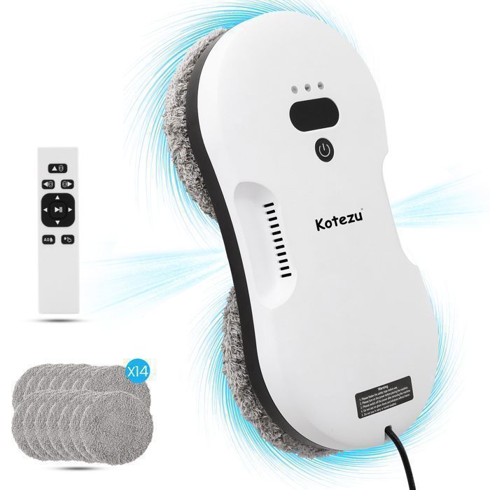 Robot Nettoyeur Laveur de Vitre Automatique, 2800PA*2, Navigation Intelligente, Télécommandé, pour Les Surfaces Lisses, 14 Chiffons