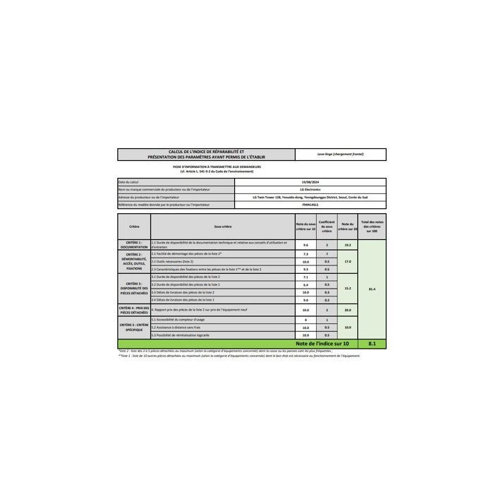 Lave-linge 9 kg 1400 tours - Moteur Smart Inverter, Steam, énergie A, t LG - F94N14SLS – Image 4