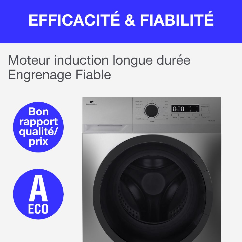 Lave-linge hublot CONTINENTAL EDISON CELL914ISS - 9 kg - Largeur 59,5 cm - Classe A - 1400 trs - moteur induction -Silver – Image 3