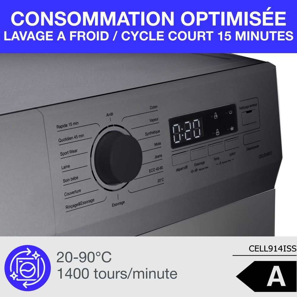 Lave-linge hublot CONTINENTAL EDISON CELL914ISS - 9 kg - Largeur 59,5 cm - Classe A - 1400 trs - moteur induction -Silver – Image 5