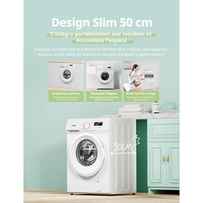 Lave-linge hublot COMFEE - 8 kg - 15 Programmes - Vapeur - 1400 trs/min - Smart Moteur BLDC - Classe A - Blanc – Image 3