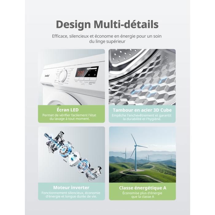 Lave-linge hublot COMFEE - 8 kg - 15 Programmes - Vapeur - 1400 trs/min - Smart Moteur BLDC - Classe A - Blanc – Image 4
