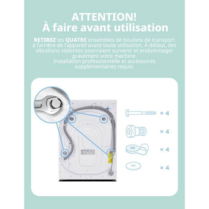 Lave-linge hublot COMFEE - 8 kg - 15 Programmes - Vapeur - 1400 trs/min - Smart Moteur BLDC - Classe A - Blanc – Image 6