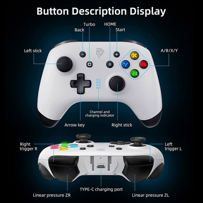 Manette Switch Pro – Sans fil Bluetooth, boutons programmables | Compatible Switch 1, Switch 2, Lite, PC, Android, IOS -BLANC – Image 3