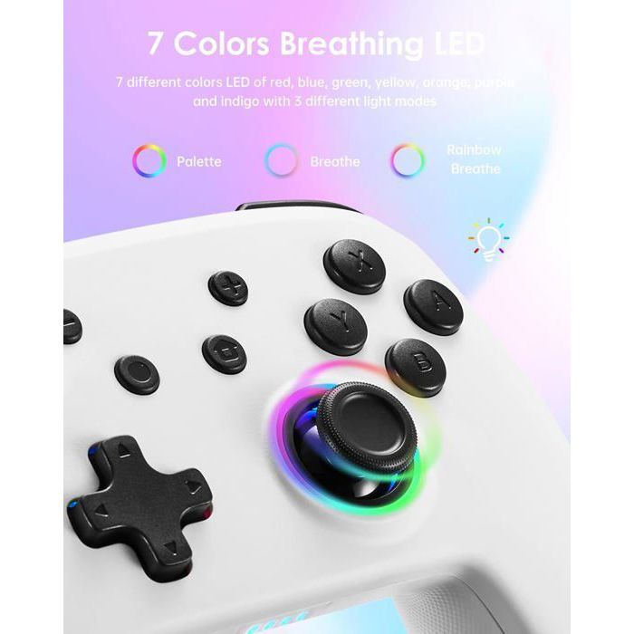 Manette Switch/OLED/LITE LED RGB Blanc, Sans Fil Bluetooth Contrôleur, Turbo/6 Axes/Vibration/Wake-Up/Bouton Programmable - KENUOS – Image 2