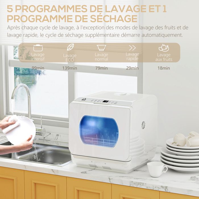 Mini lave-vaisselle - HOMCOM - 4 couverts, 5 programmes, réservoir d'eau 6L - commande tactile - PP - 45 x 44 x 45,8 cm - blanc – Image 6