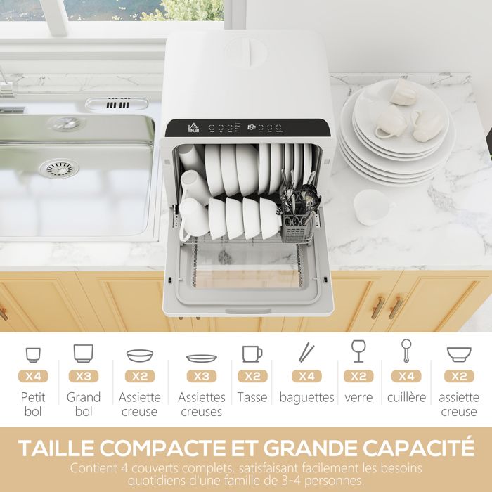 Mini lave-vaisselle - HOMCOM - compact - 4 couverts - 6 programmes, commandes tactiles - PP, ABS - 45 x 44 x 45,8 cm - blanc – Image 5