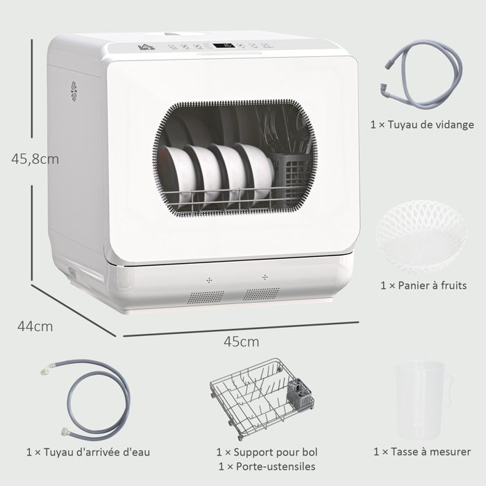 Mini lave-vaisselle - HOMCOM - 4 couverts, 5 programmes, réservoir d'eau 6L - commande tactile - PP - 45 x 44 x 45,8 cm - blanc – Image 4