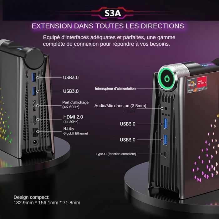 Mini PC Gamer - ACEMAGIC - AMD Ryzen 7 5700U(8C/16T, jusqu'à 4,4 GHz) AMD Radeon Graphics - 32Go RAM DDR4 - 512Go SSD, WiFi 6,BT5.2 – Image 6