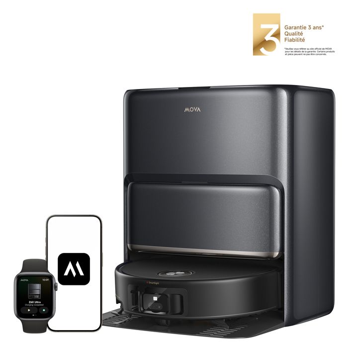 MOVA Z60 Ultra Roller Complete Robot aspirateur laveur 28000 Pa, nettoyage 80 °C, détection déjections, idéal familles animaux