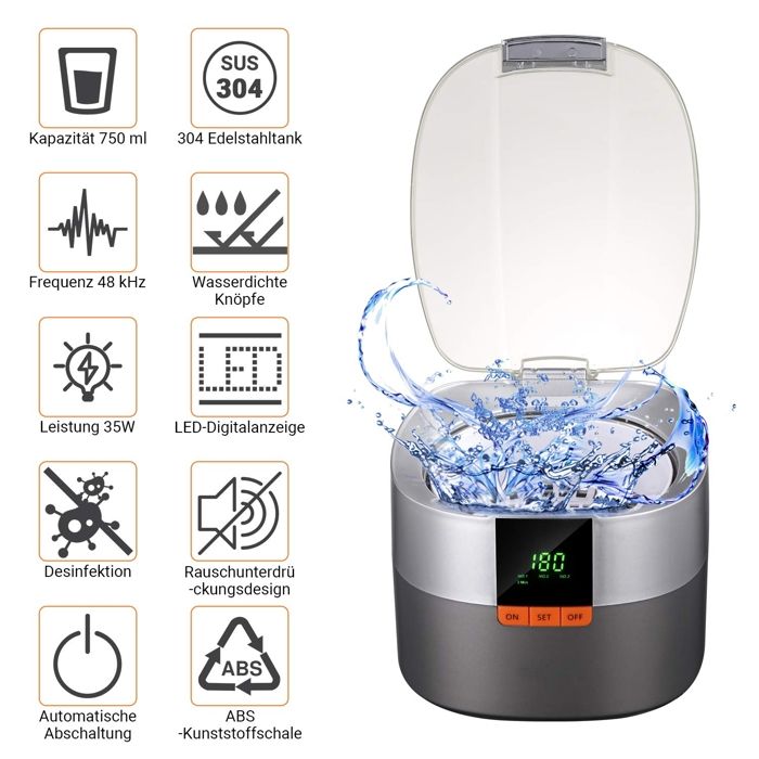 Mustbau Nettoyeur à Ultrasons Numérique 750 ml, 5 Modes, 48000Hz pour Bijoux, Montres, Lunettes, Prothèses Dentaires – Image 4