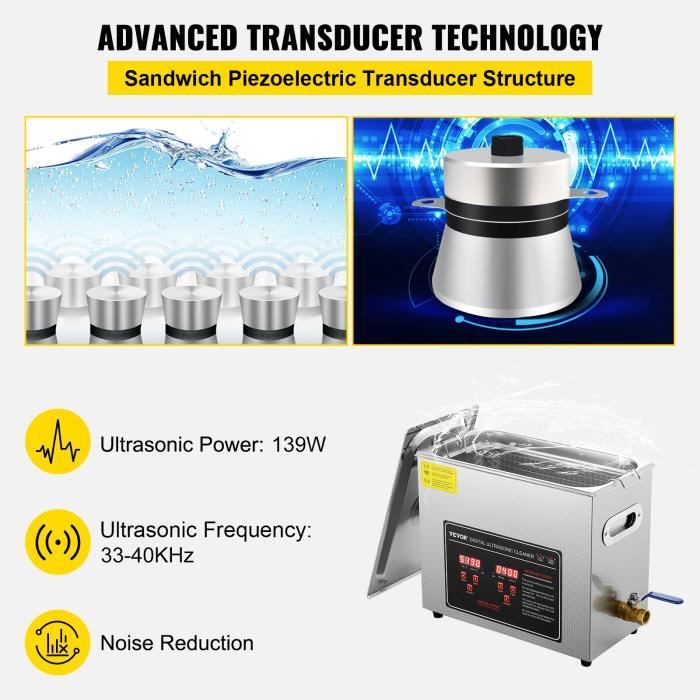 Nettoyeur à ultrasons 6L - VEVOR - Bac Ultrasons Numérique avec Chauffage Minuterie – Image 4