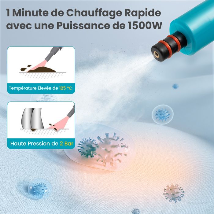 Nettoyeur Vapeur à Main 1500W Punaises de Lit COSTWAY-Réservoir 400 ml-2 Bar-14 Accessoires-125 ℃-Verrou de Sécurité Enfants-Bleu – Image 6