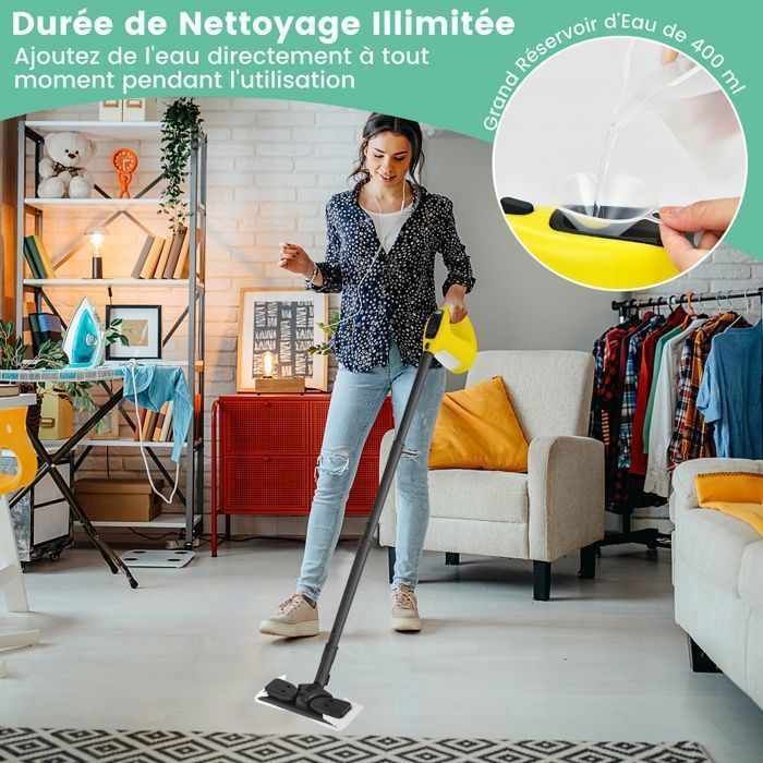 Nettoyeur Vapeur à Main 1500W Punaises de Lit COSTWAY-Réservoir 400 ml-2 Bar-14 Accessoires-125 ℃-Verrou de Sécurité Enfants-Jaune – Image 2