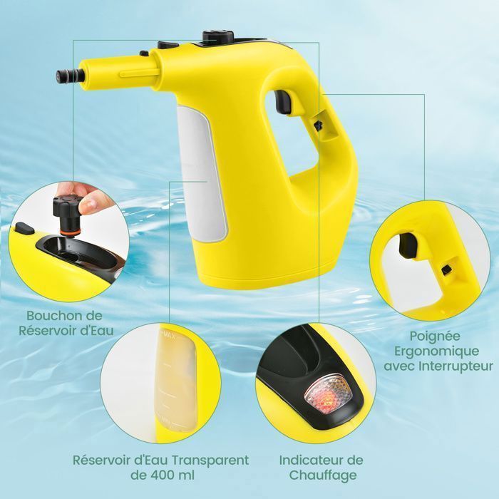 Nettoyeur Vapeur à Main 1500W Punaises de Lit COSTWAY-Réservoir 400 ml-2 Bar-14 Accessoires-125 ℃-Verrou de Sécurité Enfants-Jaune – Image 3