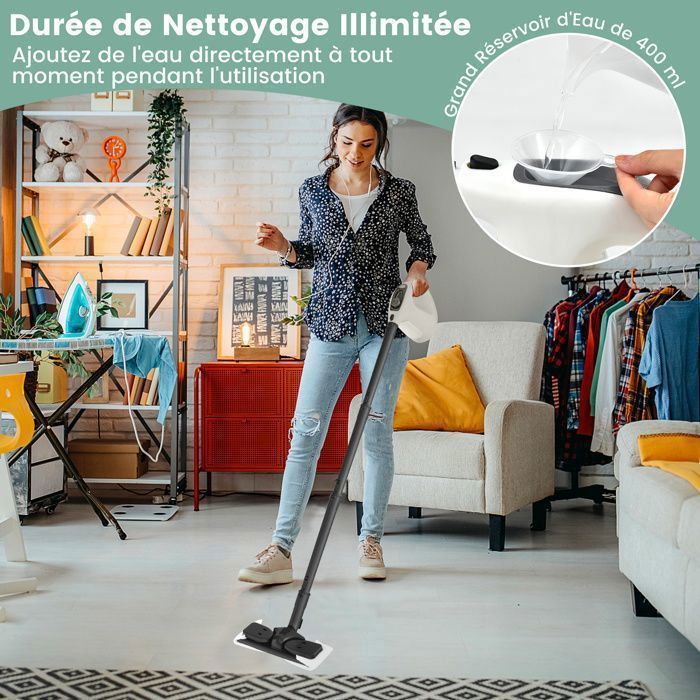 Nettoyeur Vapeur à Main 1500W Punaises de Lit COSTWAY-Réservoir 400 ml-2 Bar-14 Accessoires-125 ℃-Verrou de Sécurité Enfants-Gris – Image 4