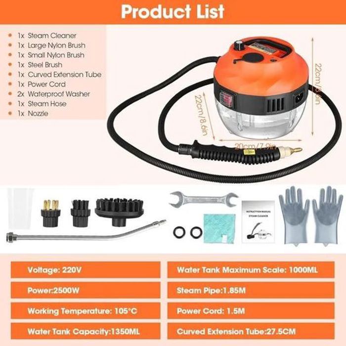 Nettoyeur Vapeur Portable 2500 W - Vapeur Haute Pression 1350ml Steam Cleaner,Vapeur Nettoyage Température à Pression avec Têtes. – Image 2