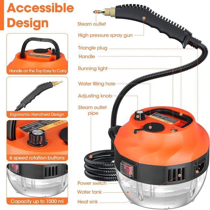 Nettoyeur Vapeur Portable 2500 W - Vapeur Haute Pression 1350ml Steam Cleaner,Vapeur Nettoyage Température à Pression avec Têtes. – Image 4