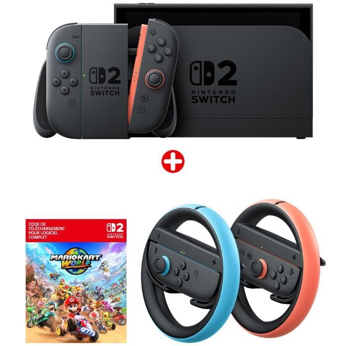 Pack Nintendo : Console Nintendo Switch 2 + Mario Kart World (Code) + Paire de volants pour manettes Joy-Con 2
