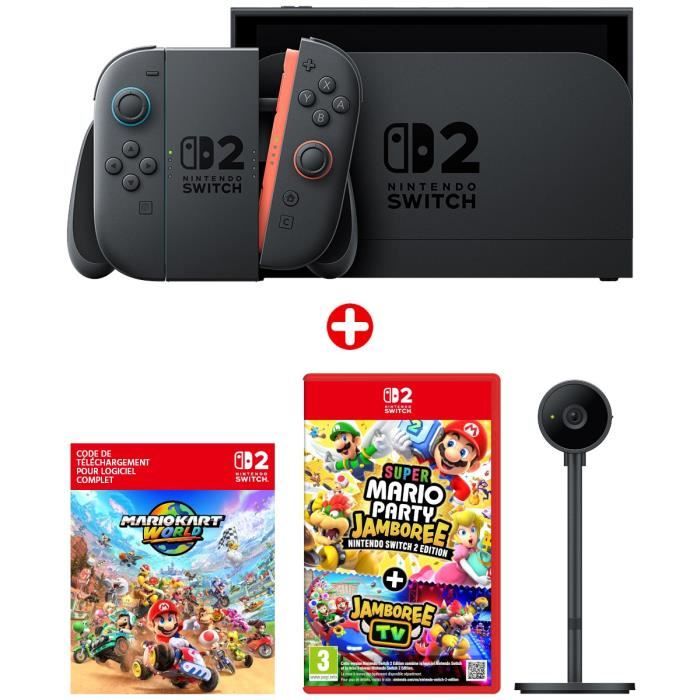 Pack Nintendo : Console Nintendo Switch 2 + Mario Kart World (Code) + Caméra + Super Mario Party Jamboree + Jamboree TV