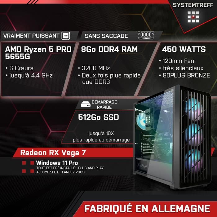 PC Gamer - AMD Ryzen 5 PRO 5655G - Radeon RX Vega 7 - 8Go RAM - 512Go SSD- Windows 11 - WiFi-69 – Image 2