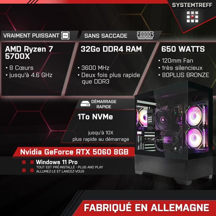 PC Gamer - AMD Ryzen 7 5700X - Nvidia GeForce RTX 5060 8Go - 32Go RAM - 1To M.2 NVMe- Windows 11 - WiFi-46 – Image 2