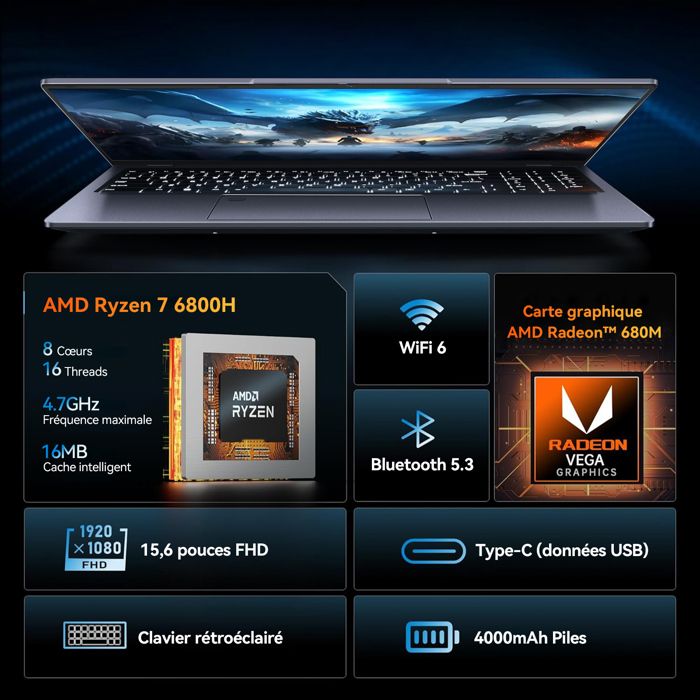 PC Portable Gamer, VANWIN 15.6'' FHD, AMD Ryzen 7 6800HX(8C-16T, jusqu'à 4,7 GHz)16Go DDR5,512Go SSD,WiFi6,AMD Radeon 680M 2.2GHz – Image 2