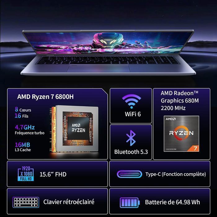 PC Portable,AMD Ryzen7 6800H(8C-16T, jusqu'à 4,7 GHz) 16Go DDR5,512Go M.2 SSD,WiFi 6 pour Ordinateur portable Gamer – Image 2