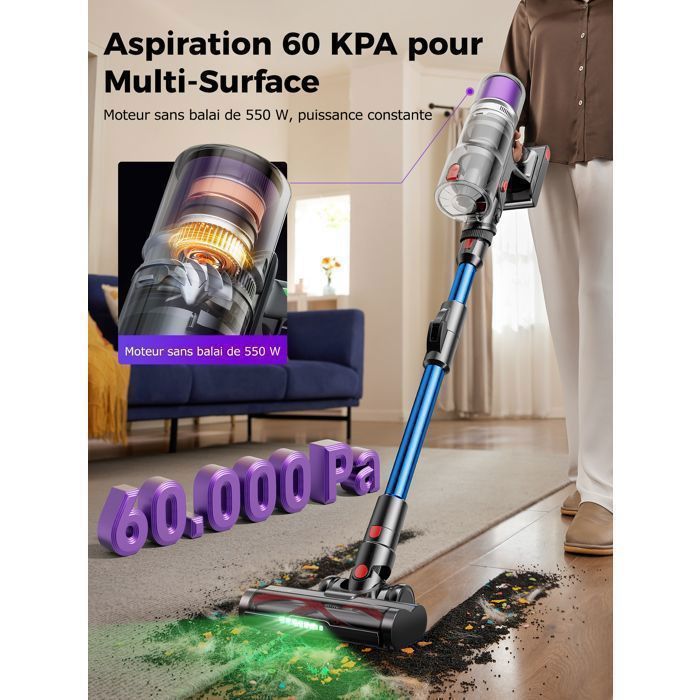 Aspirateur balai sans fil - PROSCENIC - P16 - 60Kpa - Autonomie 65 Min - Tube pliable - LED Verte – Image 2