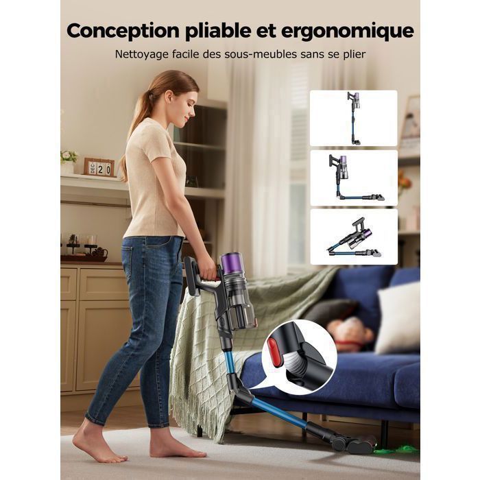 Aspirateur balai sans fil - PROSCENIC - P16 - 60Kpa - Autonomie 65 Min - Tube pliable - LED Verte – Image 3