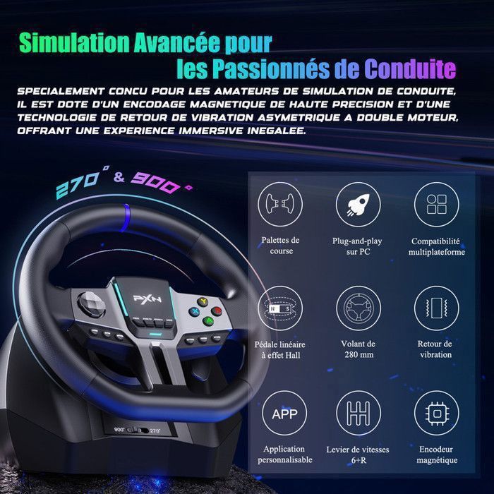 PXN V9 Gen2 Volant de Course avec Pédales et Levier de Vitesses pour PC, PS3, PS4, Xbox One, Xbox Series X|S – Image 3