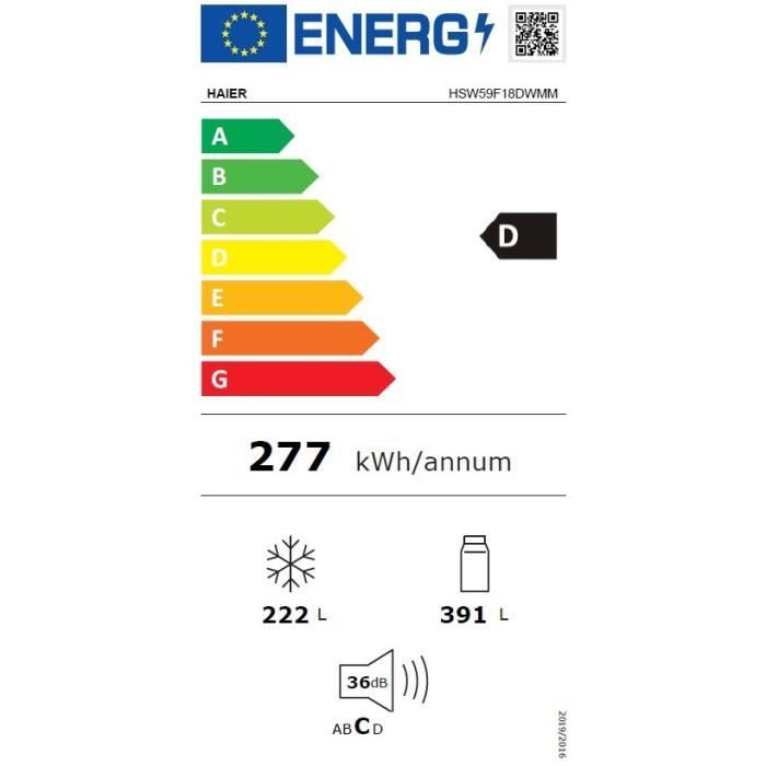 Réfrigérateur américain - HAIER - HSW59F18DWMM - 613L (391L + 222L) - Distributeur d'eau - Classe D - 177,5 x 90,5 x 71,7 cm - Inox – Image 3